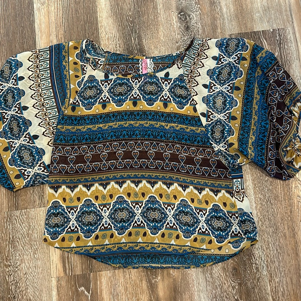 Bohemian Patterned Blouse - Blue, Brown, Cream